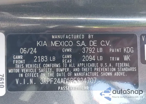 2024 Kia Forte Lxs z USA, uszkodzony, nr VIN 3KPF24AD5RE824707
